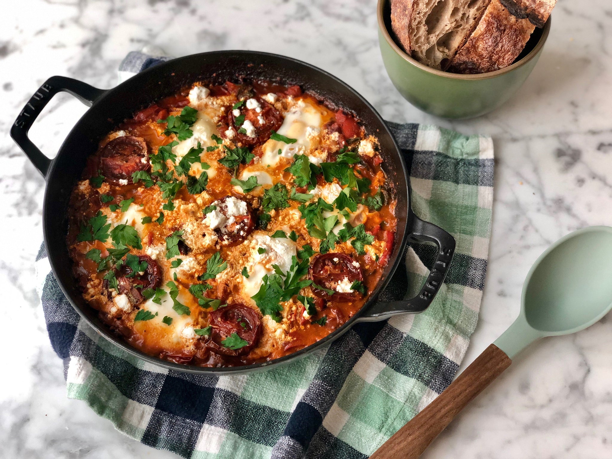 Shakshuka with Parchment Roasted Tomatoes